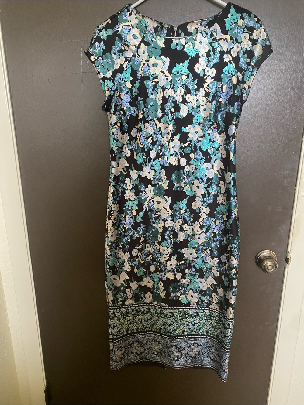ECI Black Midi Dress with Teal, Ivory and Light Blue Floral Print